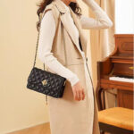 Women's Quilted Genuine Leather Lock Chain Crossbody Bag