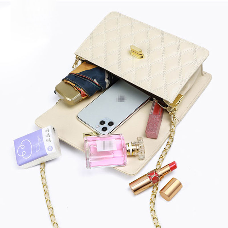 Women's Quilted Genuine Leather Lock Chain Crossbody Bag