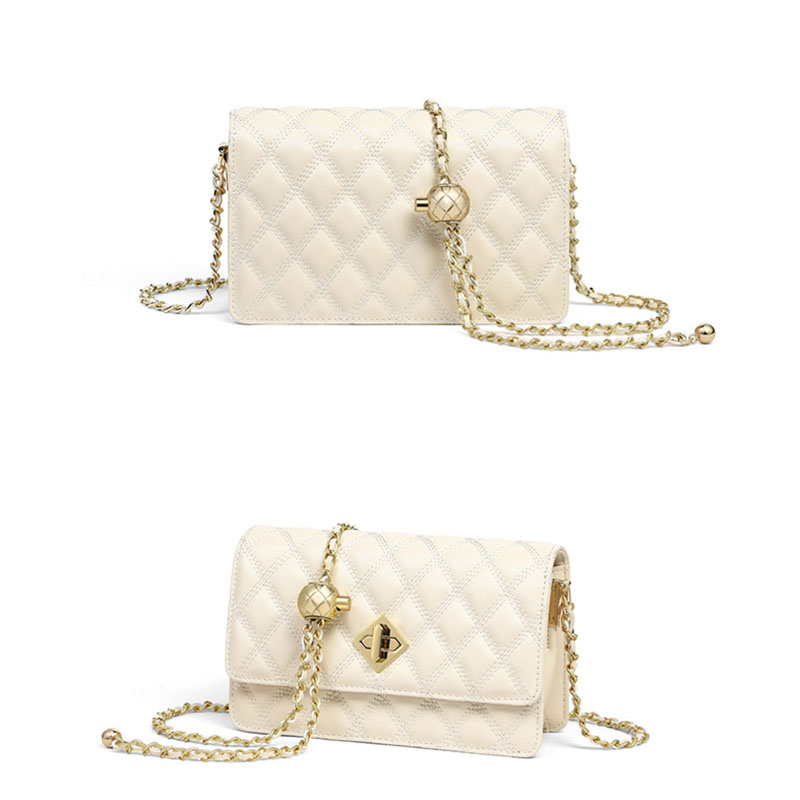 Women's Quilted Genuine Leather Lock Chain Crossbody Bag