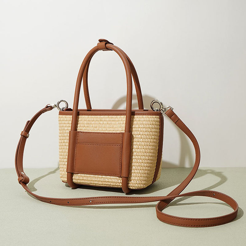 Women's Straw Woven Genuine Leather Minimalist Crossbody Tote Bag