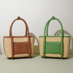 Women's Straw Woven Genuine Leather Minimalist Crossbody Tote Bag