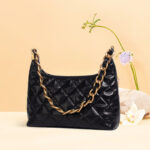 Women's Black Quilted Genuine Leather Zipper Chain Shoulder Bag