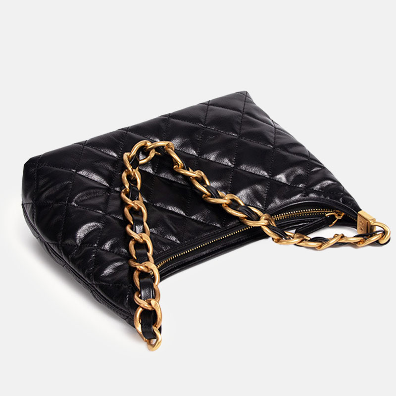 Women's Black Quilted Genuine Leather Zipper Chain Shoulder Bag