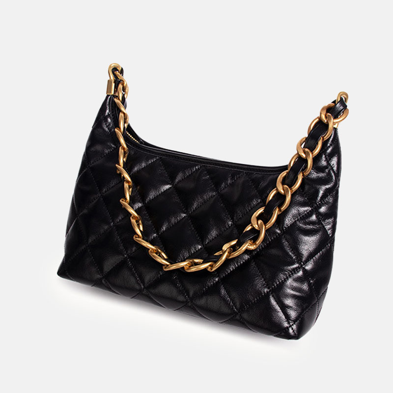 Women's Black Quilted Genuine Leather Zipper Chain Shoulder Bag