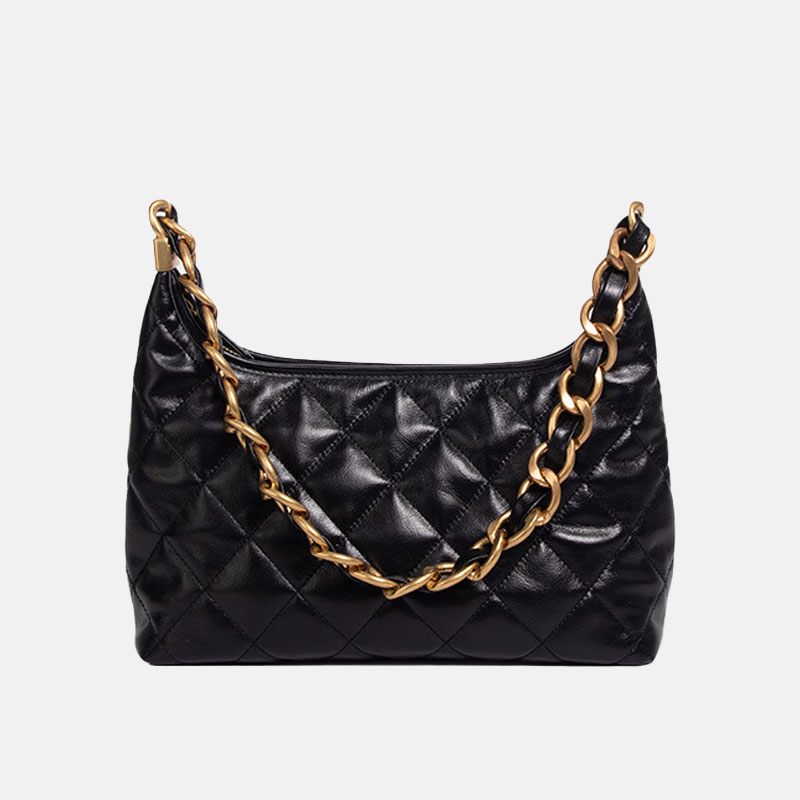 Women's Black Quilted Genuine Leather Zipper Chain Shoulder Bag