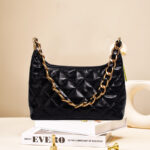 Women's Black Quilted Genuine Leather Zipper Chain Shoulder Bag