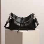 Women's Black Vintage Genuine Leather Chain Shoulder Crossbody Tote Bag