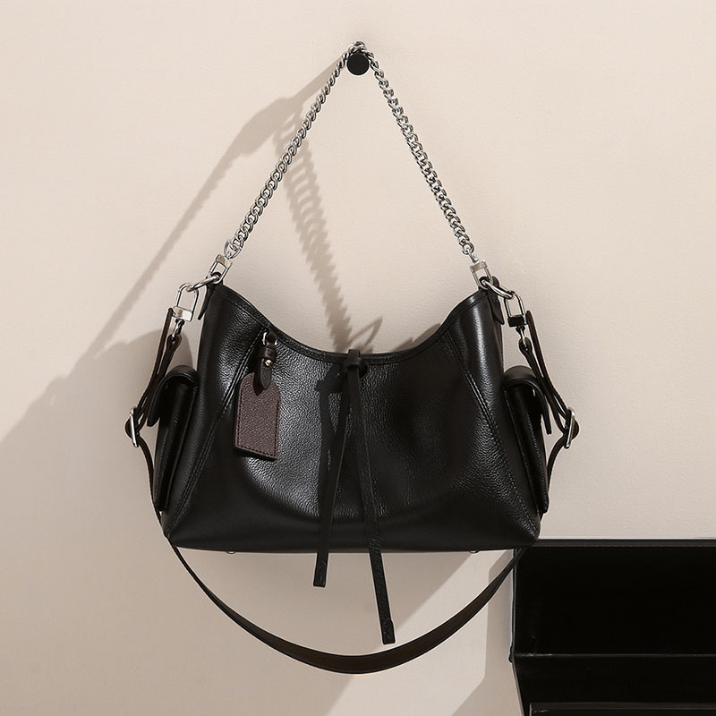 Women's Black Vintage Genuine Leather Chain Shoulder Crossbody Tote Bag