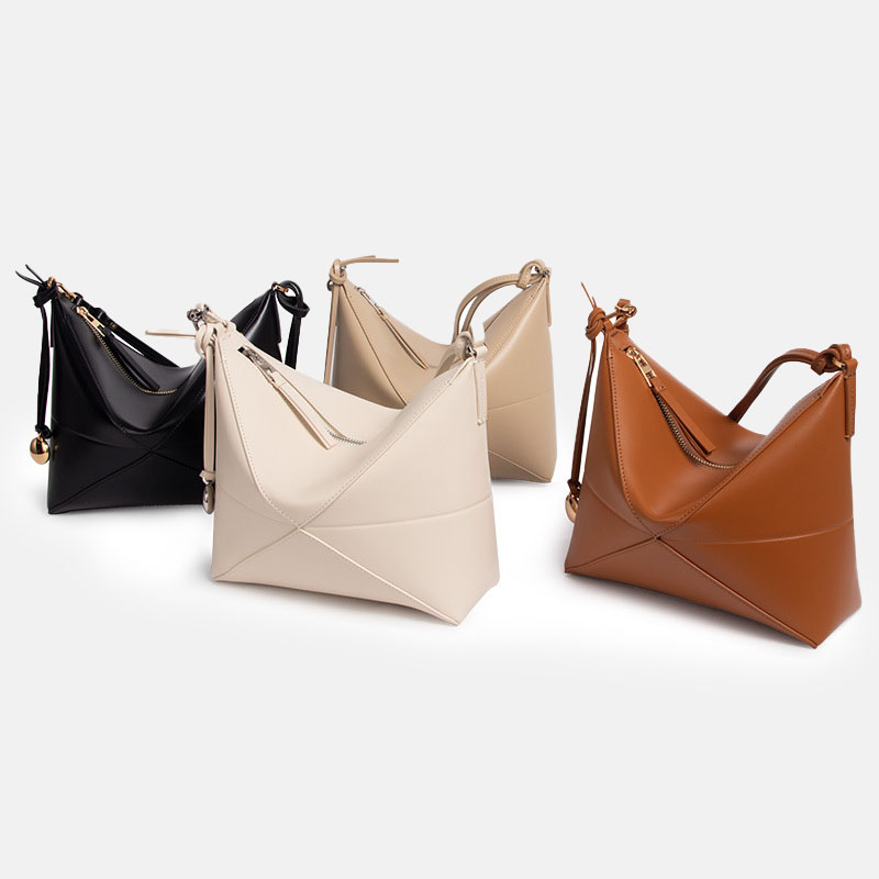 Sac hobo en cuir véritable pliable avec fermeture à glissière pour femmes