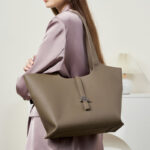 Women's Minimalist Genuine Leather Tote Bag with Clasp Detail