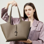 Women's Minimalist Genuine Leather Tote Bag with Clasp Detail