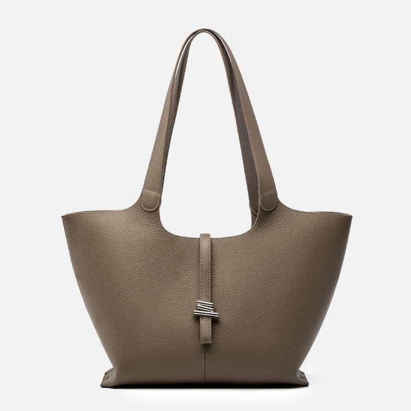 Women's Minimalist Genuine Leather Tote Bag with Clasp Detail