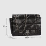 Women's Quilted Genuine Leather Lock Charm Chain Strap Shoulder Bag