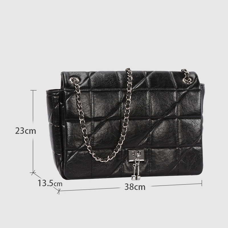 Women's Quilted Genuine Leather Lock Charm Chain Strap Shoulder Bag