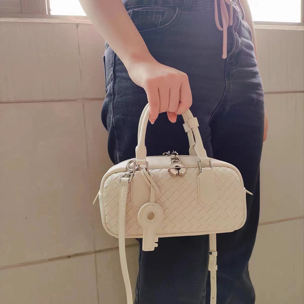 Women's Woven Leather Minimalist Top Handle Bag photo review