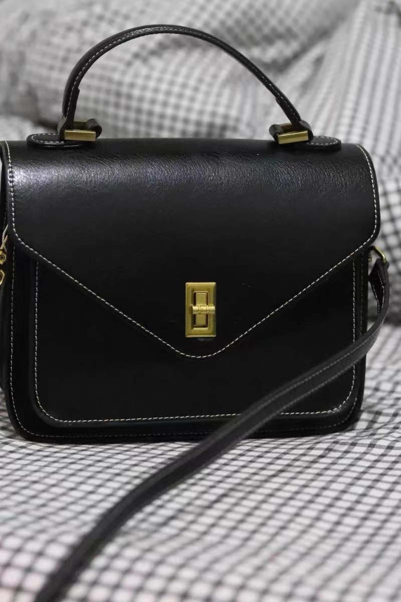 Damen Vintage Schwarz Leder Top Handle Messenger Bag photo review