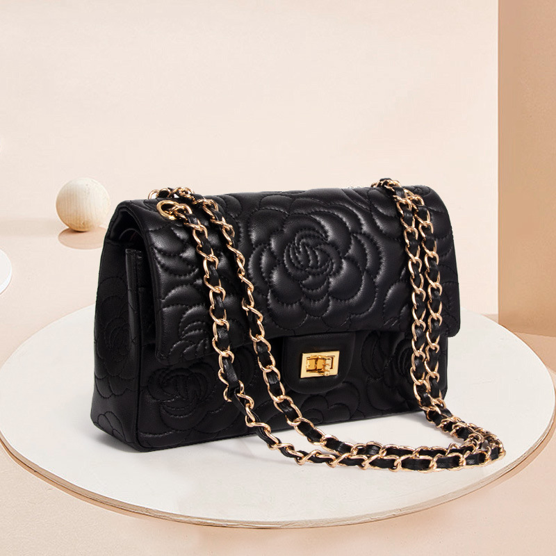 Women's Black Genuine Leather Camellia Quilted Chain Bag