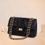 Women's Black Genuine Leather Camellia Quilted Chain Bag