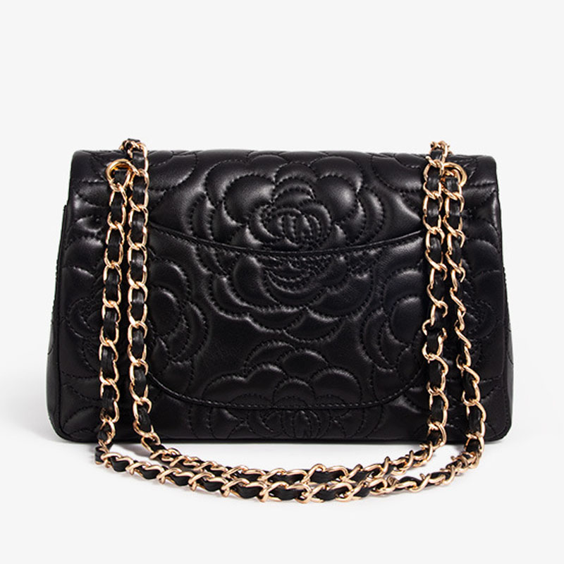 Women's Black Genuine Leather Camellia Quilted Chain Bag