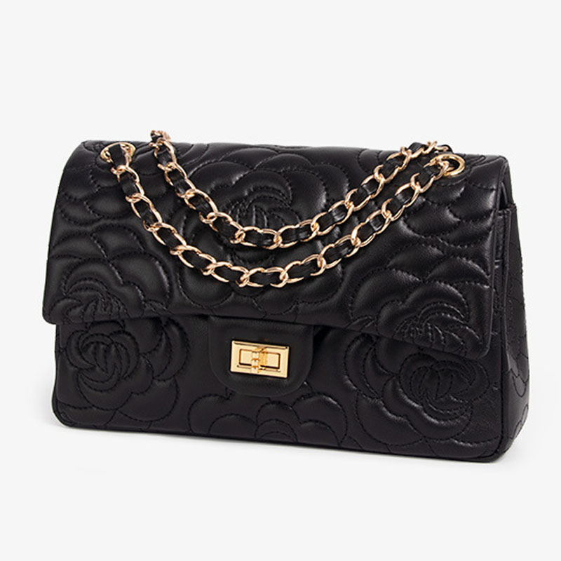 Women's Black Genuine Leather Camellia Quilted Chain Bag