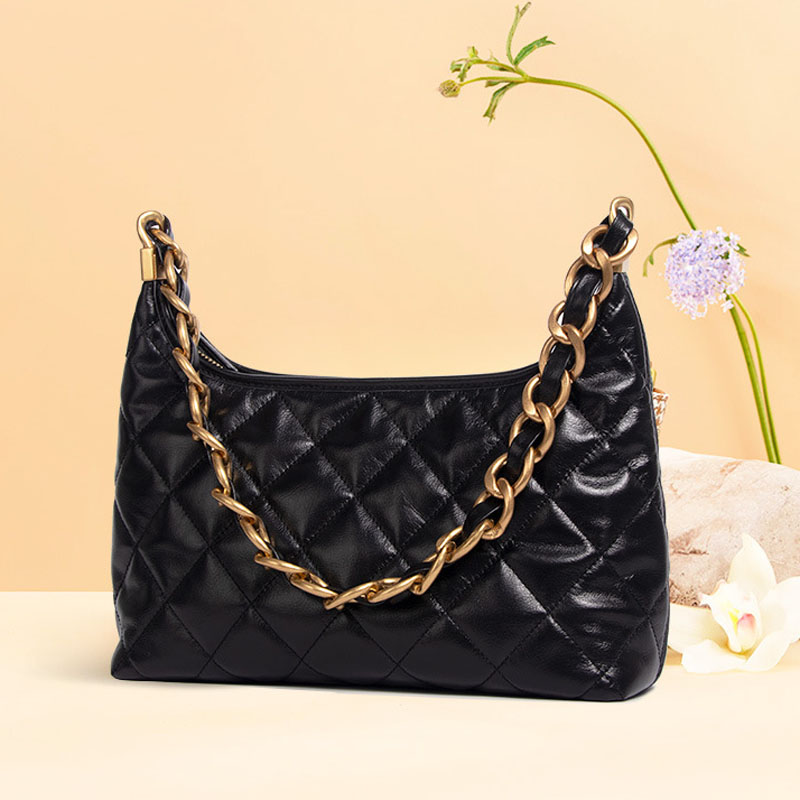 Women's Black Quilted Leather Chain Shoulder Bag