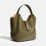 Women's Minimalist Leather Drawstring Lock Clasp Bucket Bag