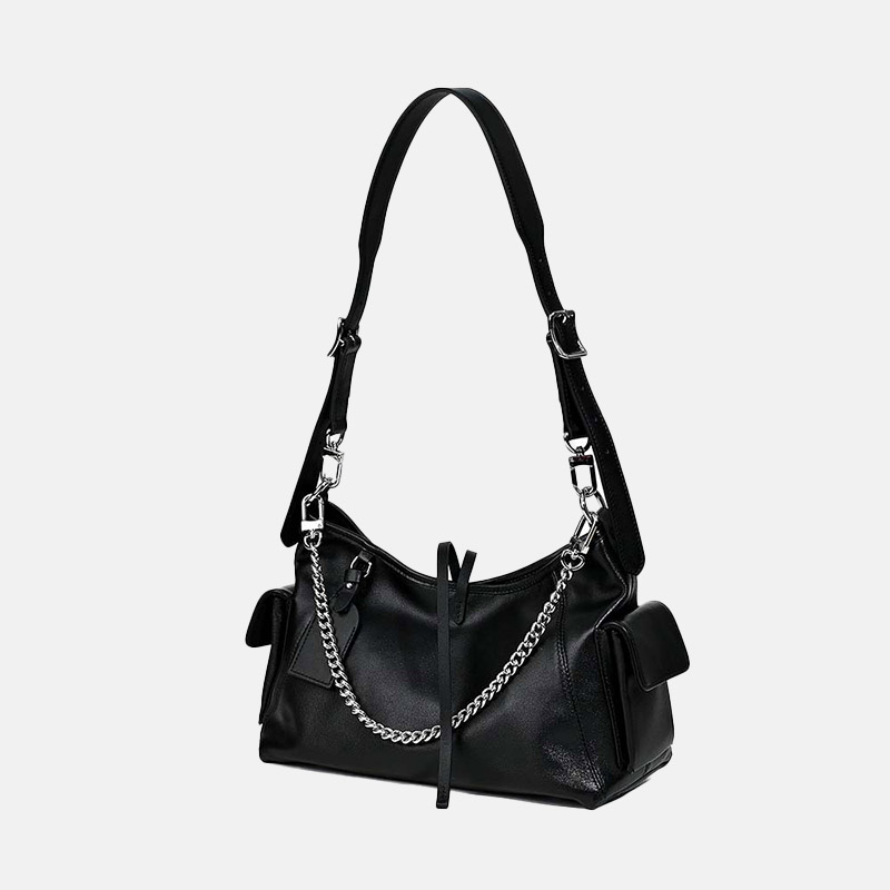 Women's Black Genuine Leather Minimalist Magnetic Tote Bag