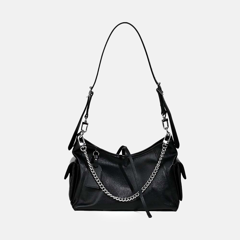 Women's Black Genuine Leather Minimalist Magnetic Tote Bag