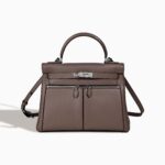 Women's Minimalist Genuine Leather Dual Pocket Lock Closure Top Handle Bag