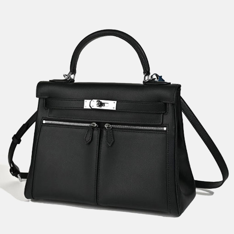 Minimalistische Damen Tasche aus echtem Leder mit zwei Reißverschlusstaschen und Verschluss am oberen Griff