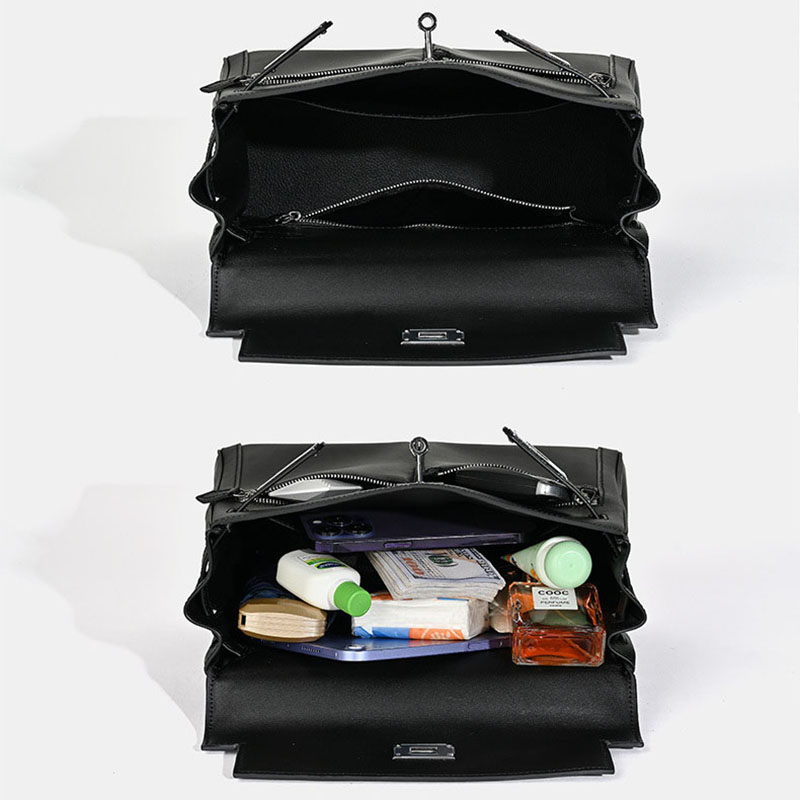 Minimalistische Damen Tasche aus echtem Leder mit zwei Reißverschlusstaschen und Verschluss am oberen Griff