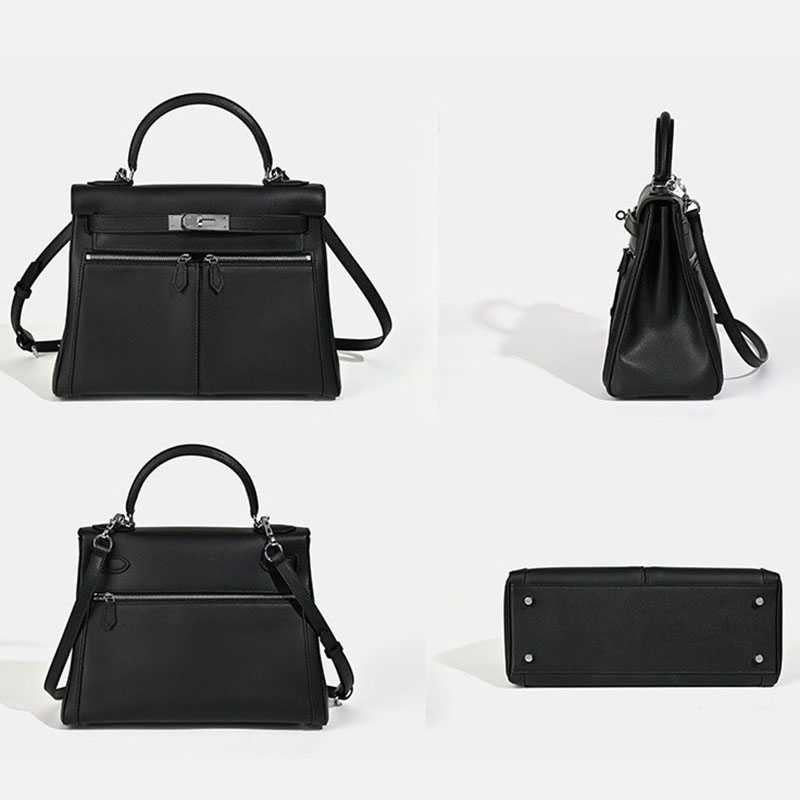 Minimalistische Damen Tasche aus echtem Leder mit zwei Reißverschlusstaschen und Verschluss am oberen Griff