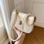 Women's Minimalist Genuine Leather Lock Flap Crossbody Baguette Bag