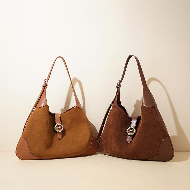 Women's Minimalist Suede Genuine Leather Magnetic Closure Hobo Bag