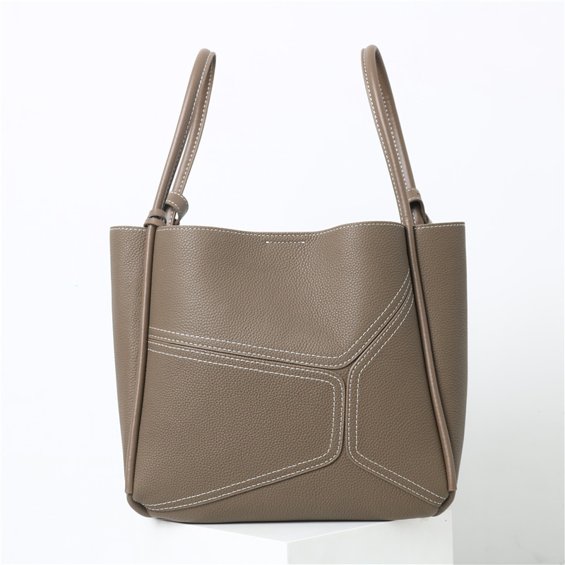 Women's Vintage Genuine Leather Geometric Stitching Bucket Tote Bag