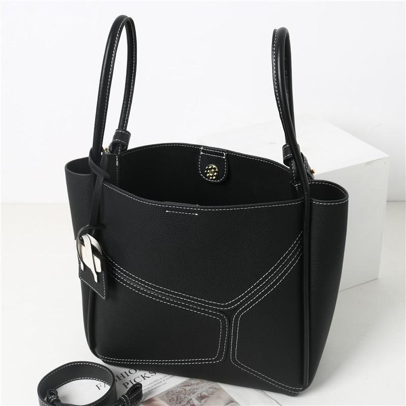 Women's Vintage Genuine Leather Geometric Stitching Bucket Tote Bag