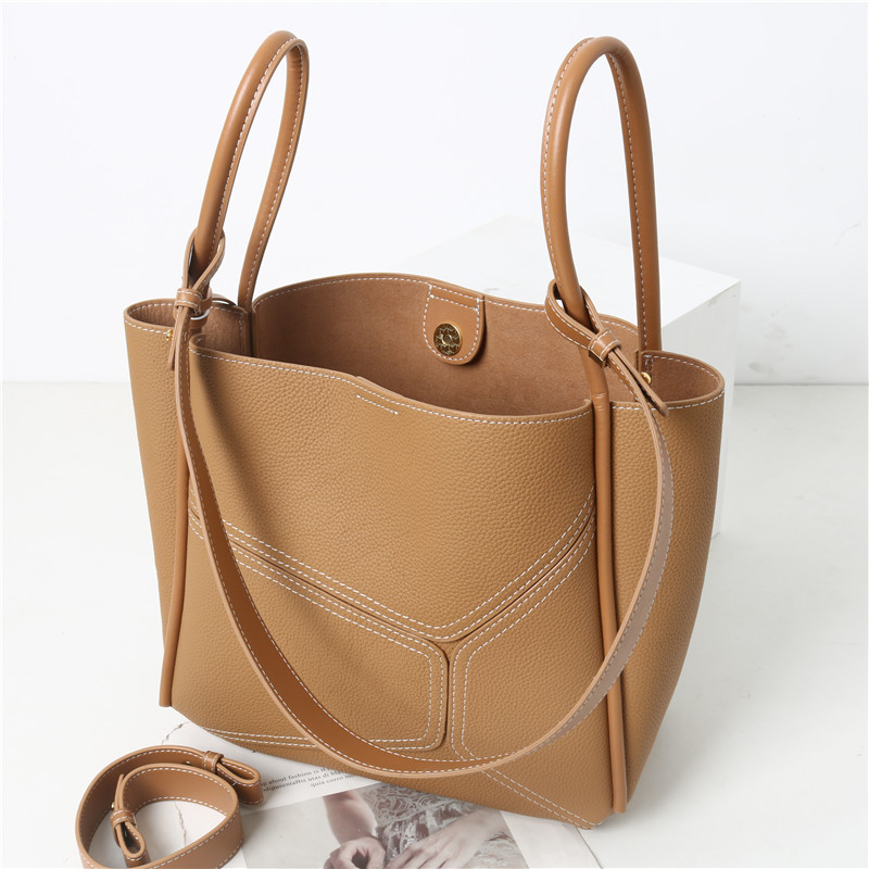 Women's Vintage Genuine Leather Geometric Stitching Bucket Tote Bag