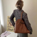 Women's Vintage Genuine Leather Tote Bag With Drawstring Buckle