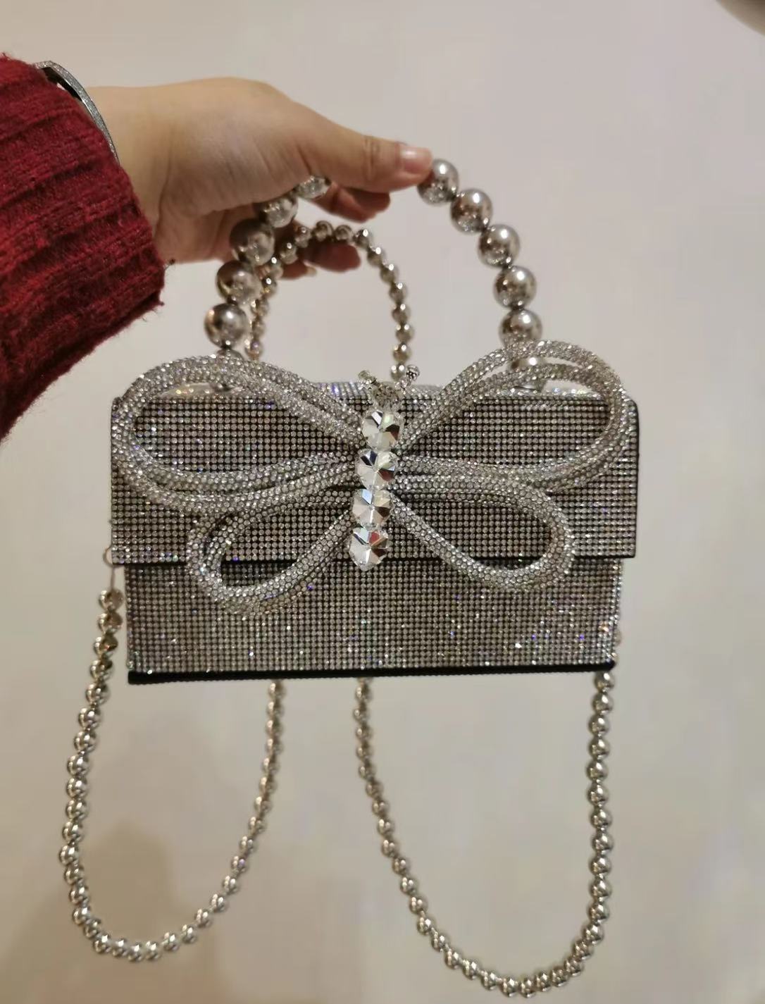 Women's All Over Rhinestones Bowknot Evening Clutch Pearl Handle Bags in Silver photo review