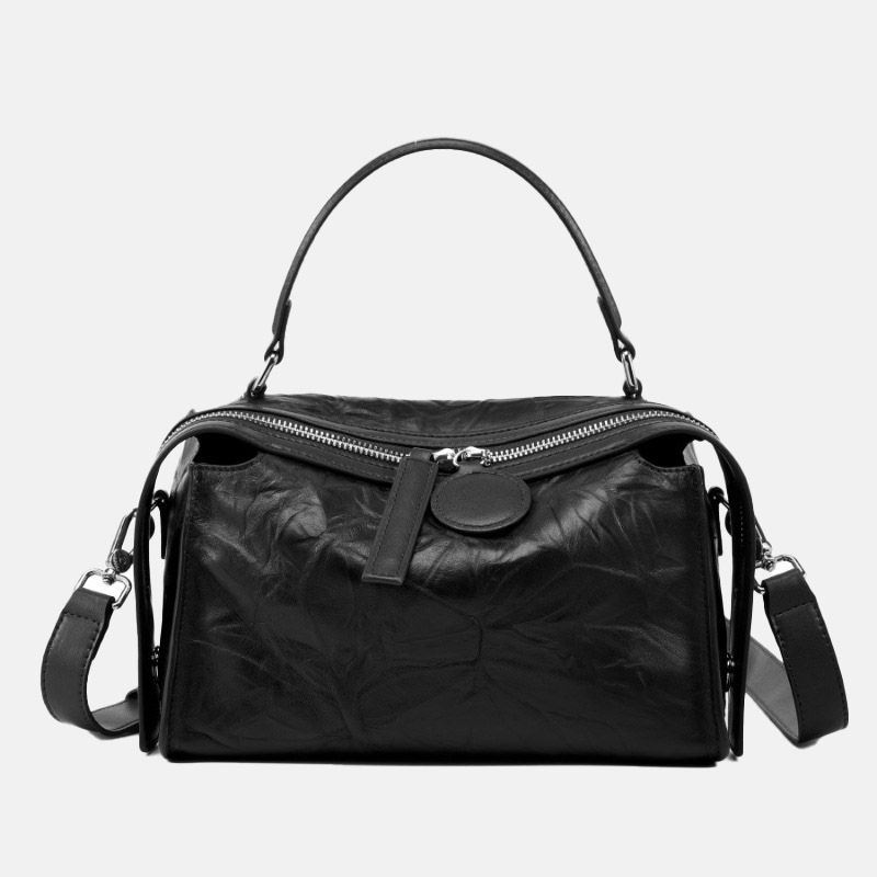 Women's Black Vintage Crinkled Genuine Leather Crossbody Handbag