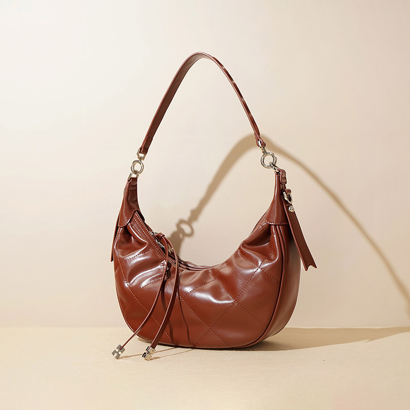 Women's Minimalist Quilted Genuine Leather Crescent Shoulder Hobo Bag