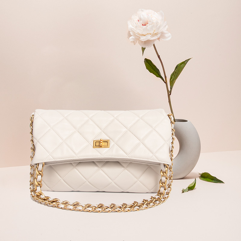Women's Quilted Genuine Leather Lock Closure Chain Strap Shoulder Bag