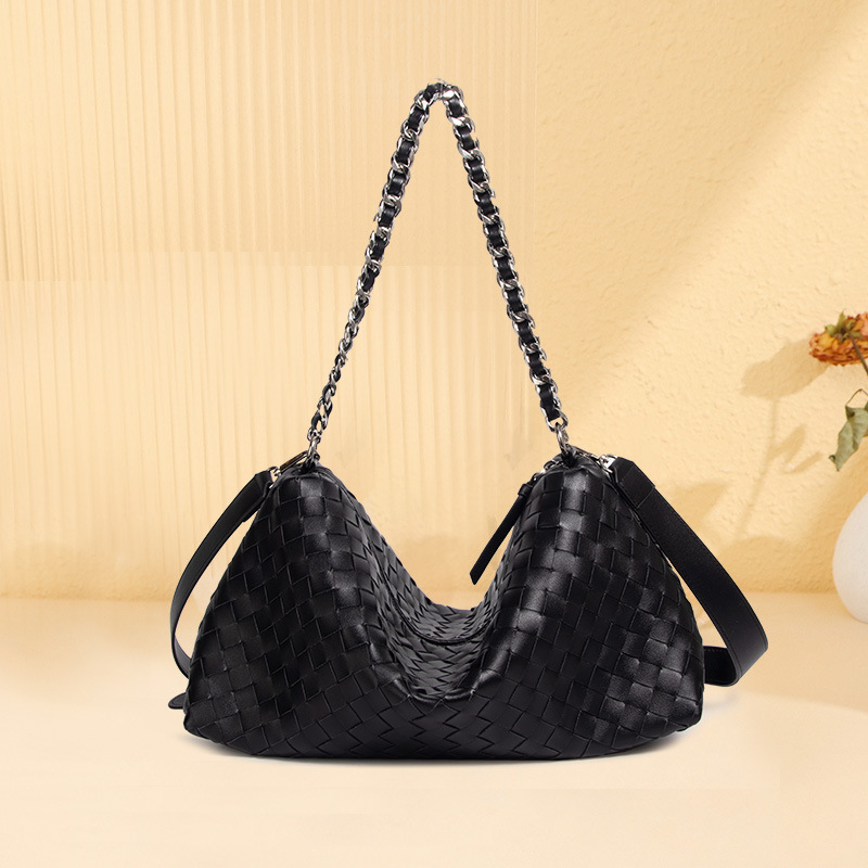 Women's Woven Genuine Leather Chain Strap Hobo Bag