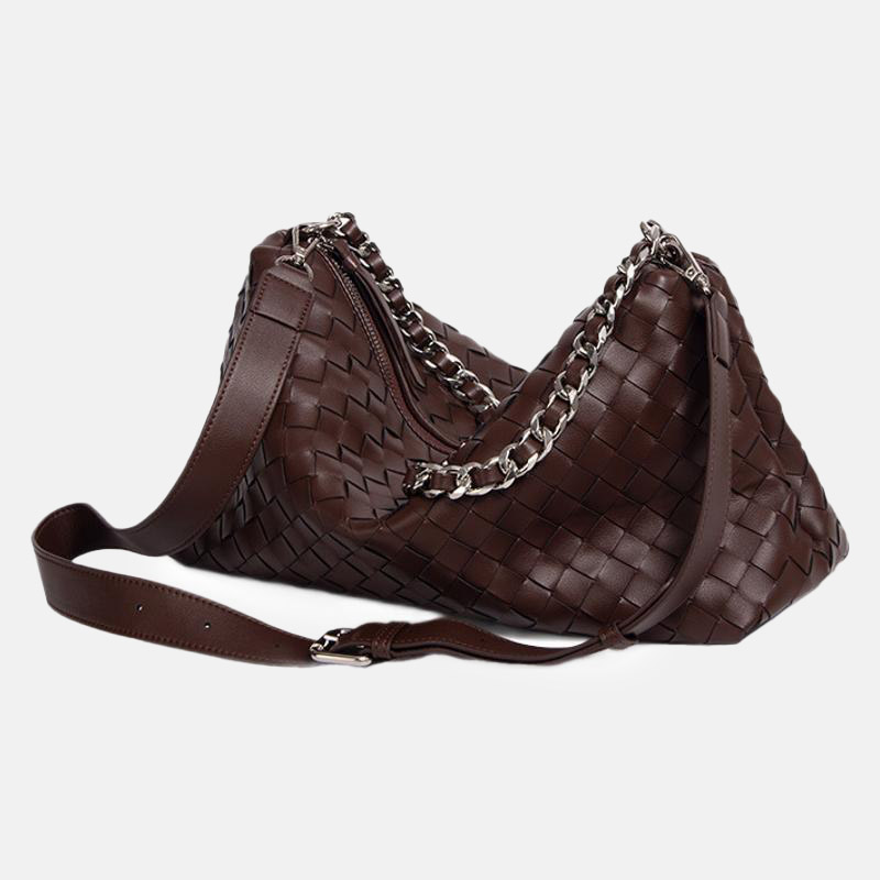 Women's Woven Genuine Leather Chain Strap Hobo Bag