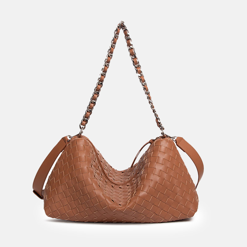 Women's Woven Genuine Leather Chain Strap Hobo Bag