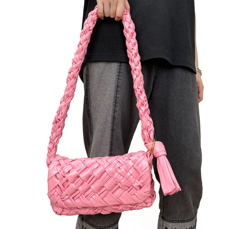 Women's Woven Waxed Genuine Leather Pleated Shoulder Bag