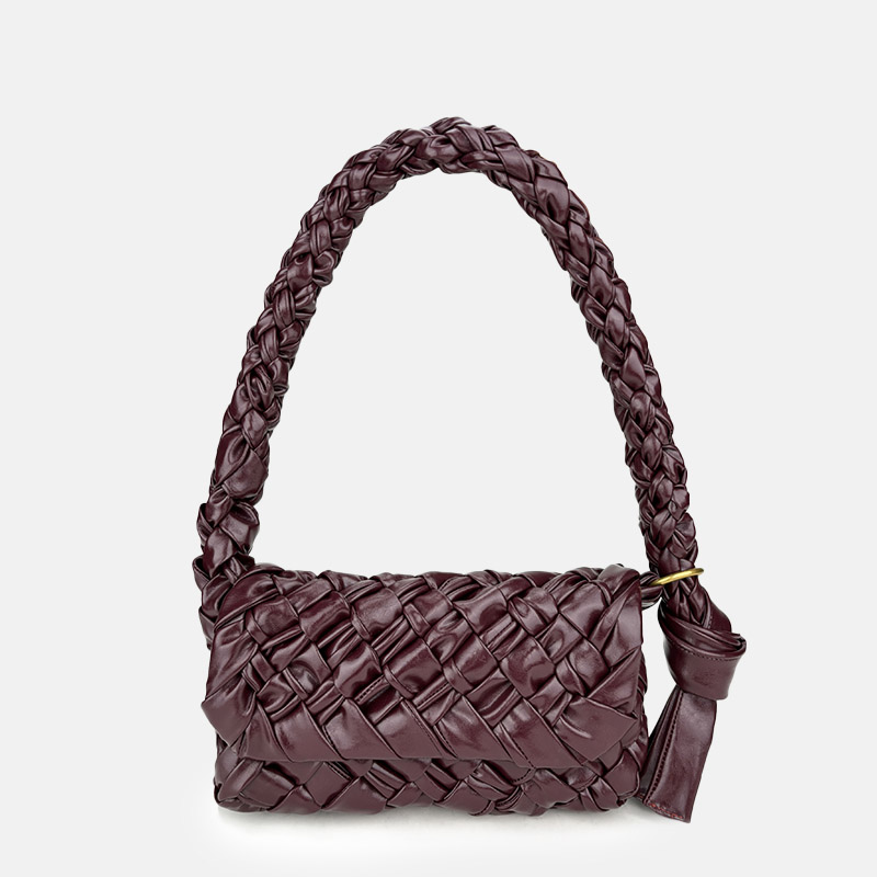 Women's Woven Waxed Genuine Leather Pleated Shoulder Bag