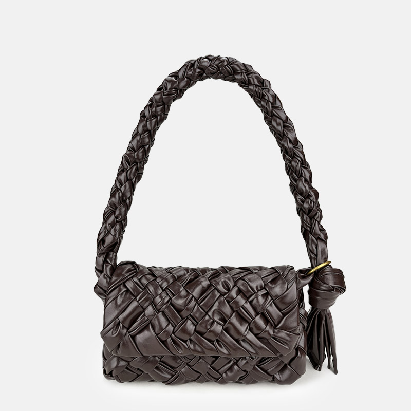 Women's Woven Waxed Genuine Leather Pleated Shoulder Bag