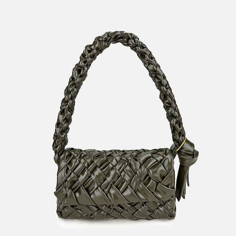 Women's Woven Waxed Genuine Leather Pleated Shoulder Bag