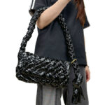 Women's Woven Waxed Genuine Leather Pleated Shoulder Bag